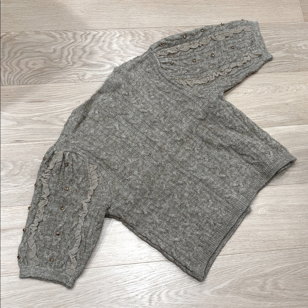 NWT MAEVE (S) Short-Sleeve Embellished Ruffled Cardigan Sweater Taupe Stretch - Picture 12 of 14